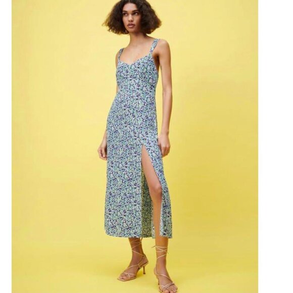 Zara  Multicolor Ditsy Floral Print Smocked Slit Midi Dress Size Medium - Picture 3 of 9